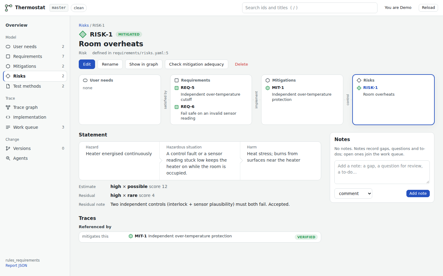 A risk in the web editor, with its trace chain, hazard analysis and notes