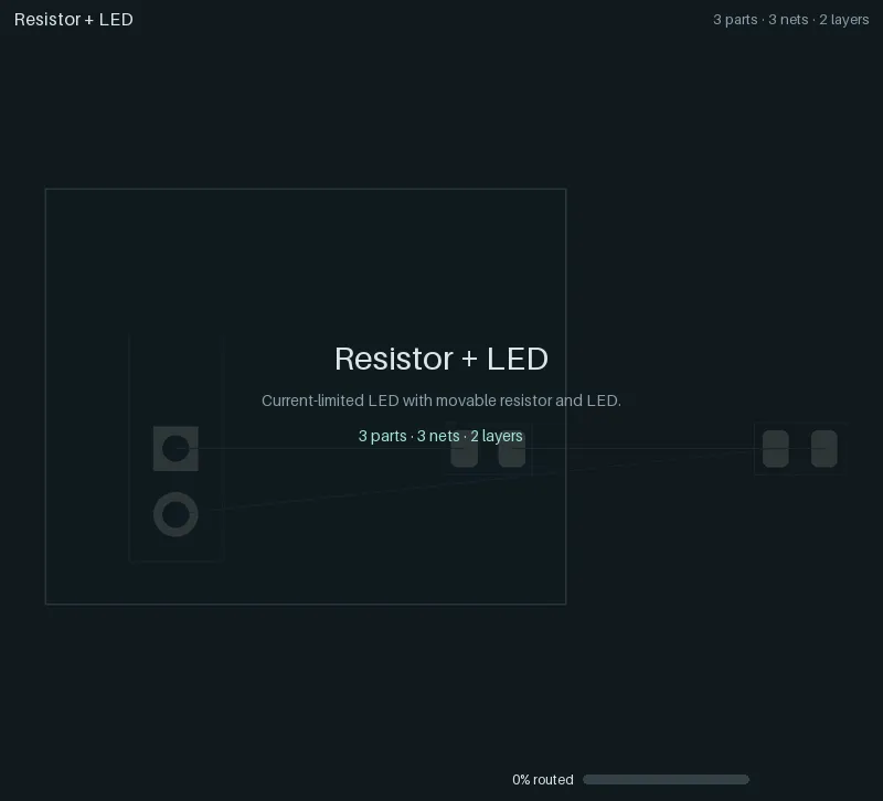 Animation: a connector, a series resistor and an LED placed and routed; KiCad DRC
  passes.